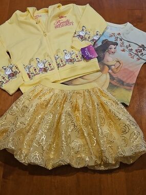 Nwt Disney Yellow Belle Graphic Hoodie, Tee & Skirt Set